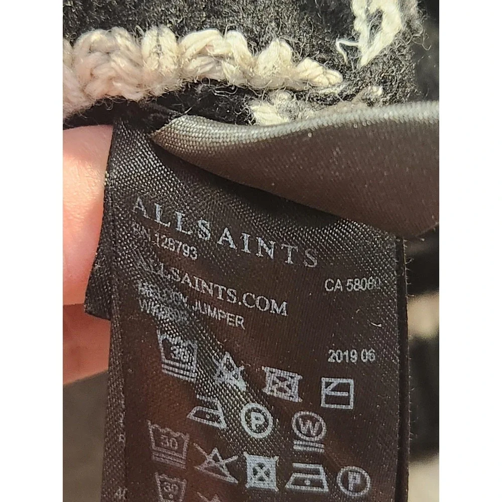 AllSaints‎ Sweater Mens Medium Black Merino Wool Cashmere Pullover Mock Striped
